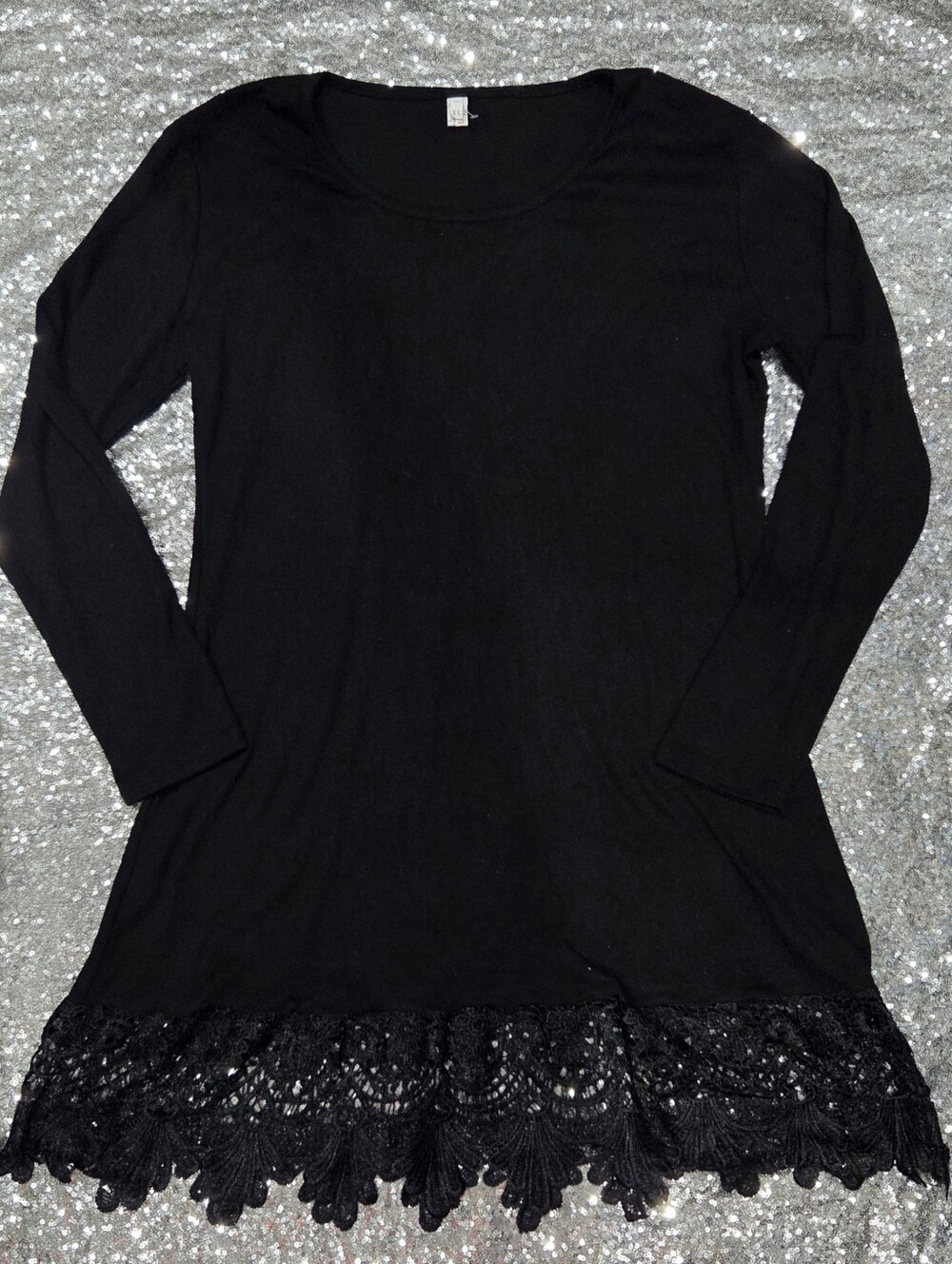 Black Long Sleeve Lace-Hem Tee